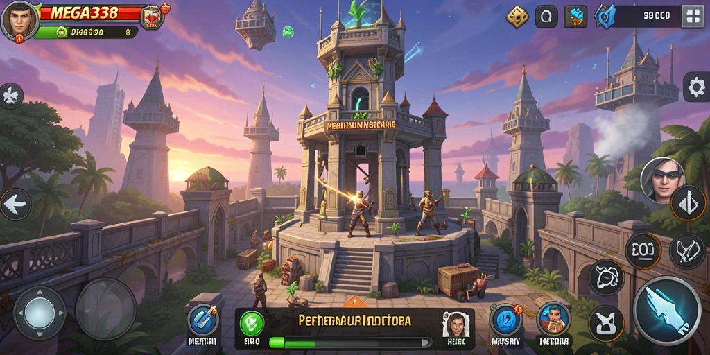 Screenshot gameplay MEGA338 menampilkan aksi pertahanan menara yang mendebarkan.