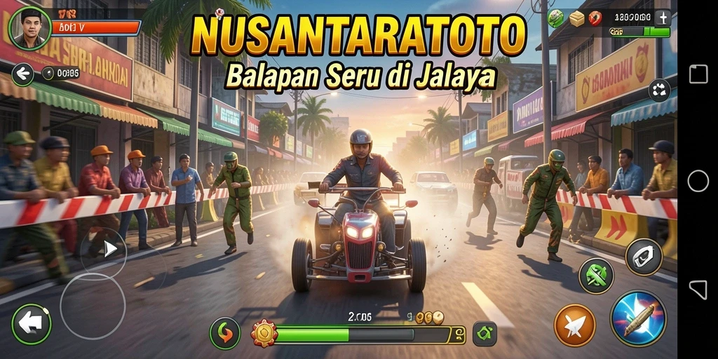 Screenshot gameplay NUSANTARATOTO menunjukkan aksi balapan yang intens dan mendebarkan.